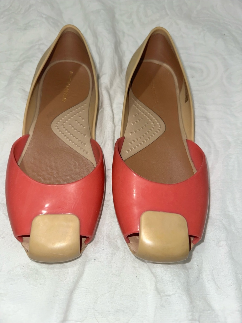 CROCS Coral and Beige Peep-Toe Flat Loafers Stefano Furiani
